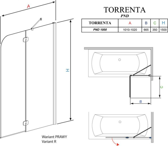 Шторка на ванну Radaway Torrenta PND 100 прозрачное стекло R