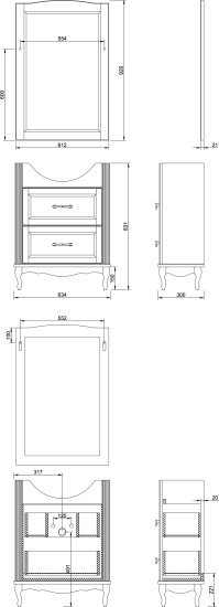 Тумба с раковиной ValenHouse Эллина 65 кальяри, 2 ящика, ручки золото