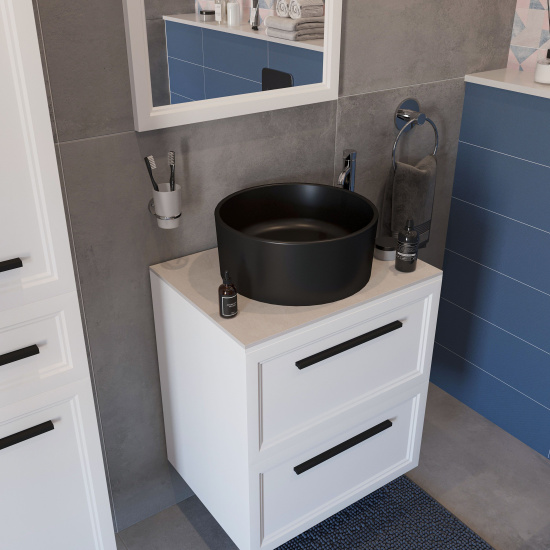 Мебель для ванной Stworki Эстерсунд 60 белая матовая, простоун беж, с раковиной Rotenburg 40 черной