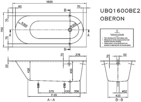 Квариловая ванна Villeroy & Boch Oberon UBQ160OBE2V-01