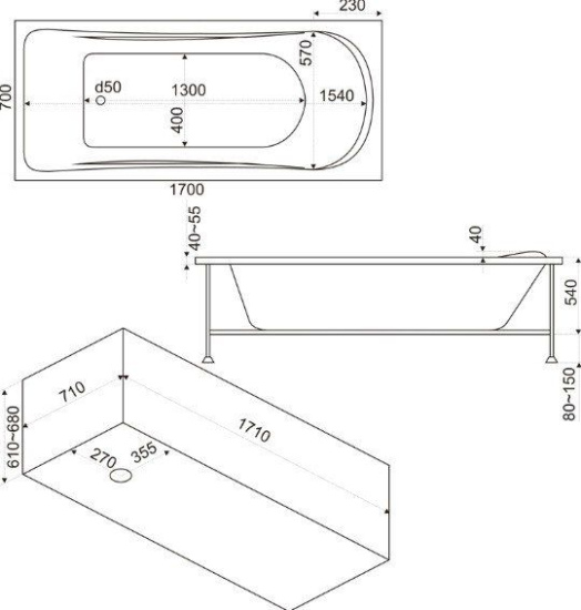 Акриловая ванна Bas Атланта 170 см с г/м