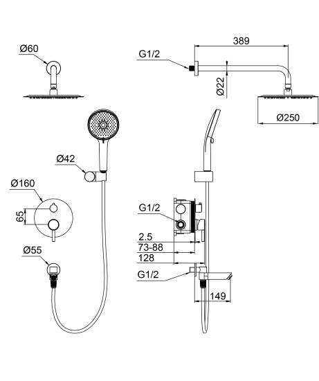 Душевая система встраиваемая Wonzon & Woghand Solo WW-939032-CR