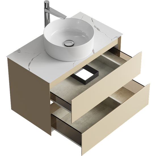 Тумба с раковиной Aqwella 5 stars Geometria 80 подвесная 2 ящика, морская дюна, столешница белый мрамор