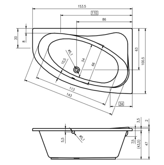 Акриловая ванна Riho Lyra L 153x100 см