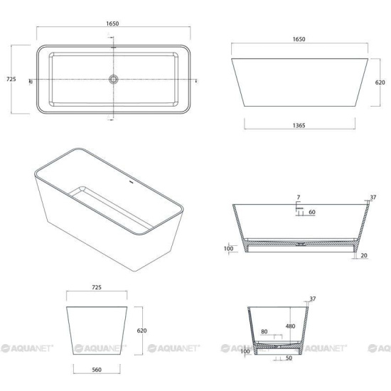 Ванна из искусственного камня Aquanet Demure TC-S03B 165x73 см. матовая