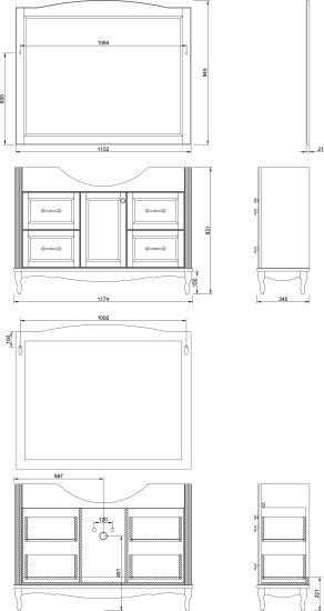 Тумба с раковиной ValenHouse Эллина 120 кальяри, 4 ящика, 1 дверца, ручки хром