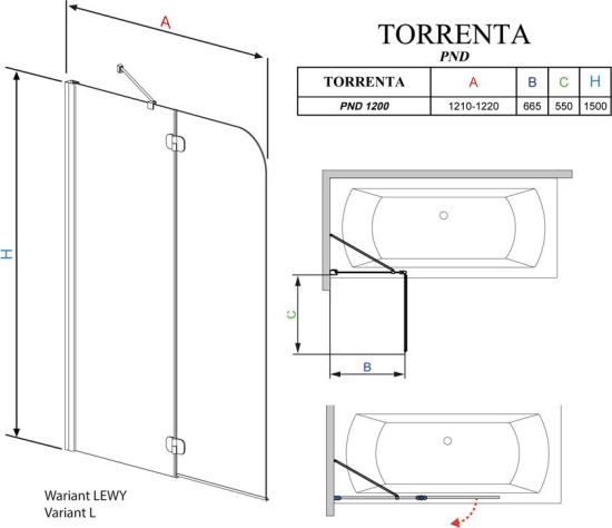 Шторка на ванну Radaway Torrenta PND 120 прозрачное стекло L