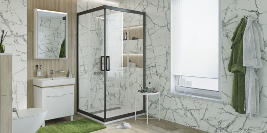 Душевой уголок Stworki Дублин 100x100 см профиль черный матовый, стекло прозрачное