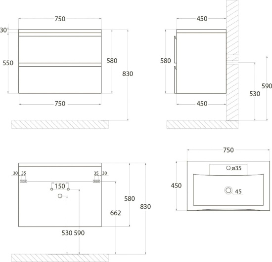 Мебель для ванной Art&Max Bianchi 75, подвесная, серый матовый