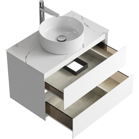 Тумба с раковиной Aqwella 5 stars Geometria 80 подвесная 2 ящика, белая, столешница белый мрамор