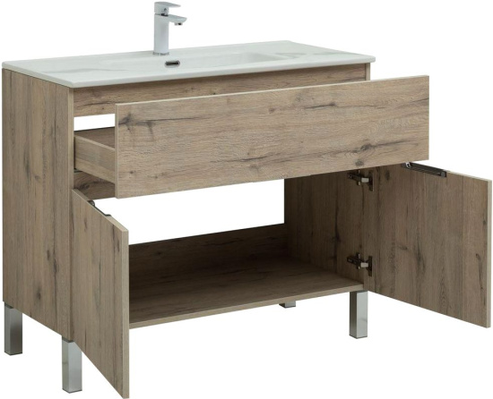 Тумба с раковиной Aquanet Алвита new 100 напольная, дуб веллингтон белый, с дверками и ящиком