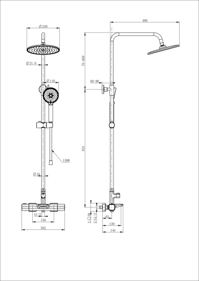 Душевая стойка Wonzon & Woghand Plate WW-C3017-A-MW с термостатом
