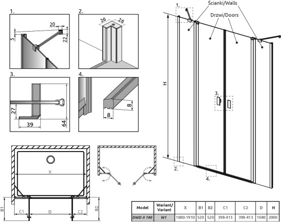 Душевая дверь в нишу Radaway Nes DWD II 10037103-01-01 + 10041087-01-01 190 см