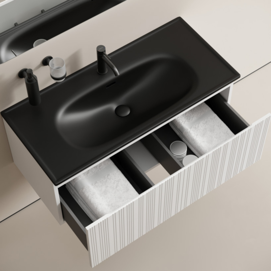 Тумба с раковиной Sancos Code 100 подвесная, белая матовая, раковина черная