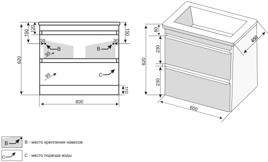 Тумба с раковиной Style Line Атлантика 60 Люкс Plus, подвесная, антискрейч