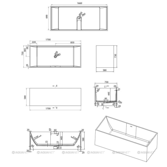 Ванна из искусственного камня Aquanet Soul Smooth TC-S107 170x73 см. матовая