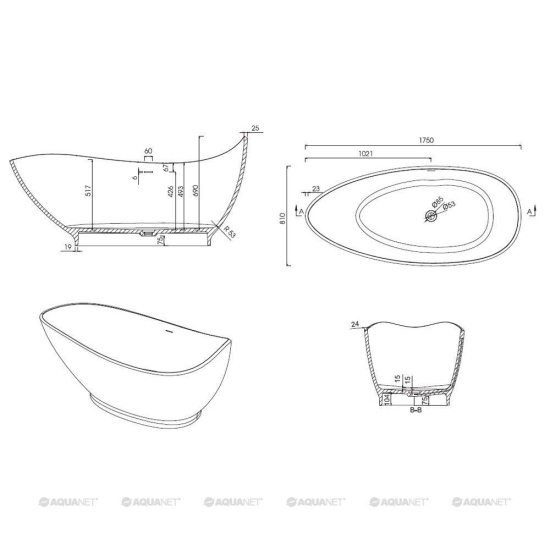 Ванна из искусственного камня Aquanet Grace V2 175x81 см. глянцевая