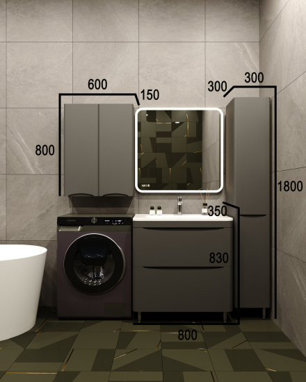 Тумба с раковиной Style Line Бергамо мини 80 2 ящика Люкс антискрейтч черная, Plus напольная