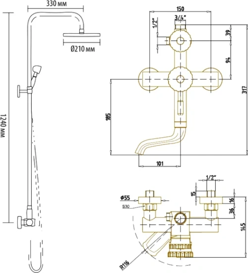 Душевая стойка Bronze de Luxe Windsor 10120PF/1 бронза