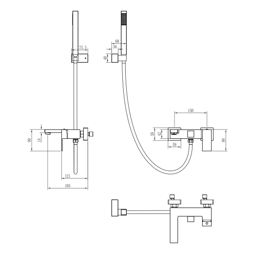 Смеситель для ванны Boheme Qubic 473-MG
