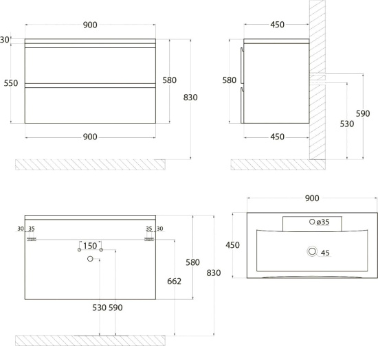 Мебель для ванной Art&Max Bianchi 90, подвесная, белый глянец
