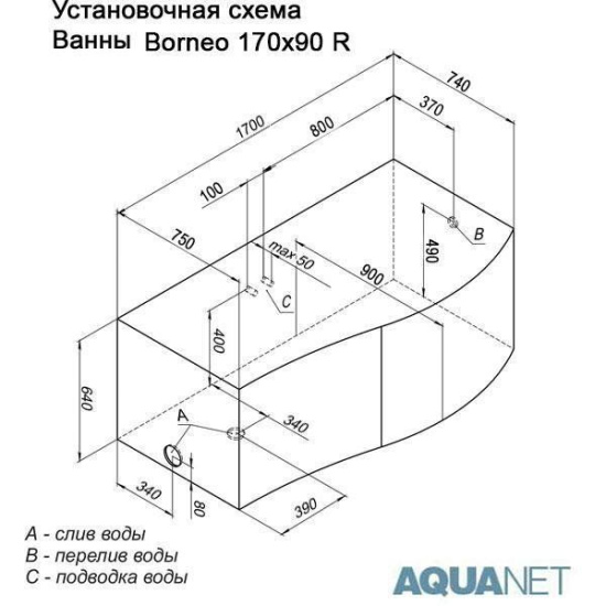 Акриловая ванна Aquanet Borneo 170 см L