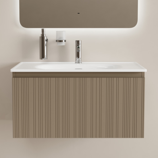 Тумба с раковиной Sancos Code 80 подвесная, серо-бежевая, раковина белая