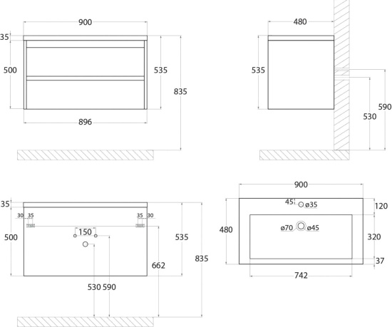 Тумба с раковиной Art&Max Family 90 подвесная, Bianco Lucido