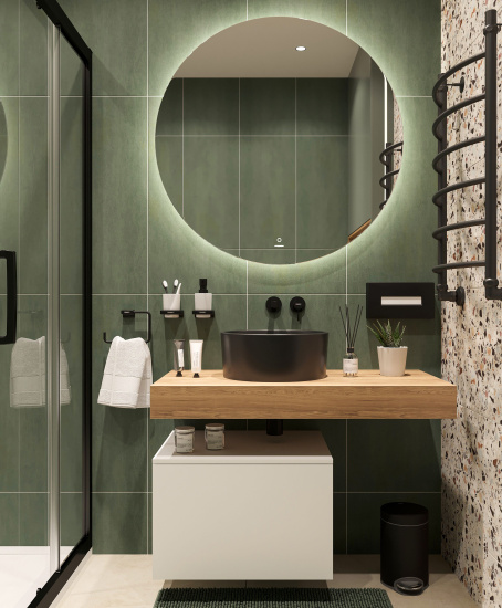 Столешница Stworki Ольборг 100 дуб французский, без отверстий, с тумбой 60, с раковиной Stworki Rotenburg 40 черной