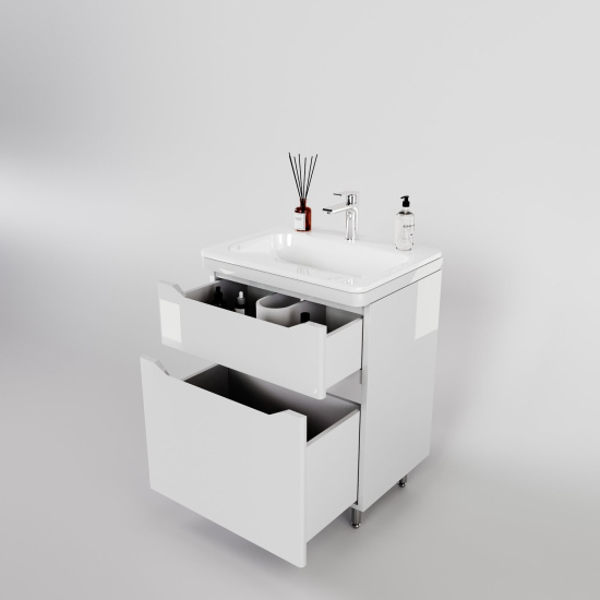 Тумба с раковиной Style Line Марелла 60 2 ящика Люкс антискрейтч белая глянец, Plus напольная
