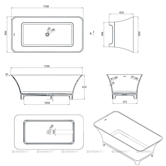 Ванна из искусственного камня Aquanet Bloom Curve TC-S91 170x83 см. матовая