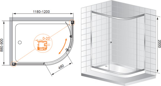 Душевой уголок Cezares Anima W RH 1 120/90 P Cr 120Х90