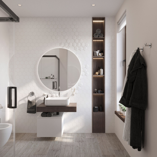 Столешница Stworki Ольборг 80 дуб карпентер, без отверстий, с тумбой 50, с раковиной Stworki Soul 1 белой