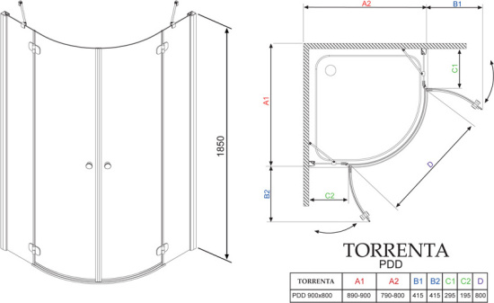 Душевой уголок Radaway Torrenta PDD/E 90x80 стекло графит