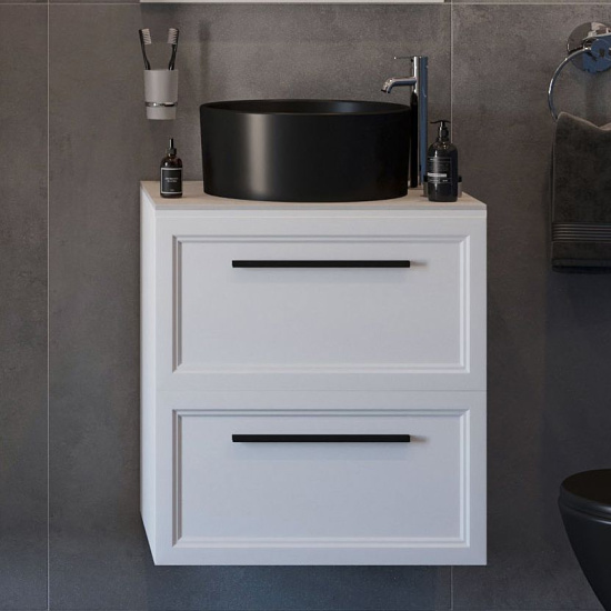 Мебель для ванной Stworki Эстерсунд 60 белая матовая, простоун беж, с раковиной Rotenburg 40 черной