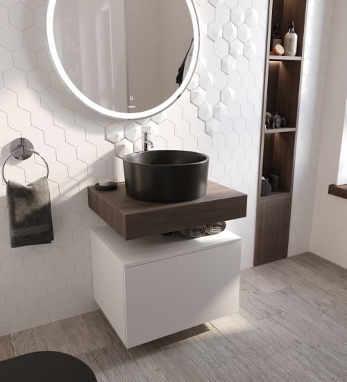 Столешница Stworki Ольборг 60 дуб карпентер, без отверстий, с тумбой 60, с раковиной Stworki Rotenburg 40 черной