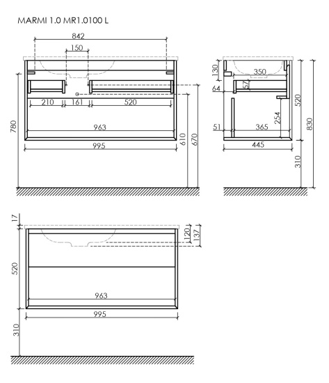 Тумба с раковиной Sancos Marmi 1.0 100 дуб чарльстон левая, MR1.0100LECH