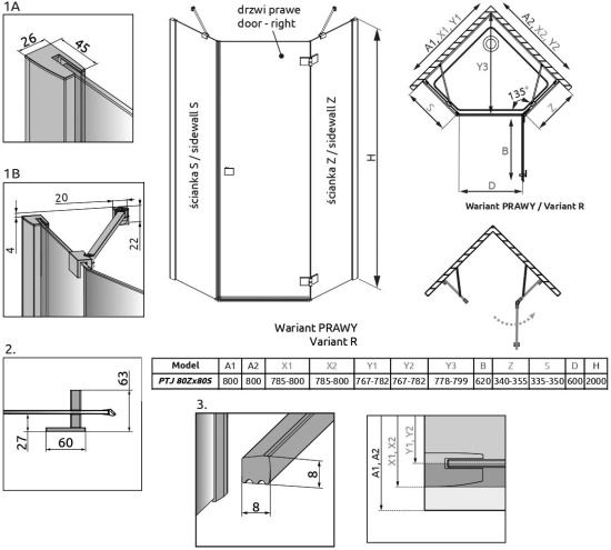 Душевой уголок Radaway Essenza New Black PTJ 80х80 R