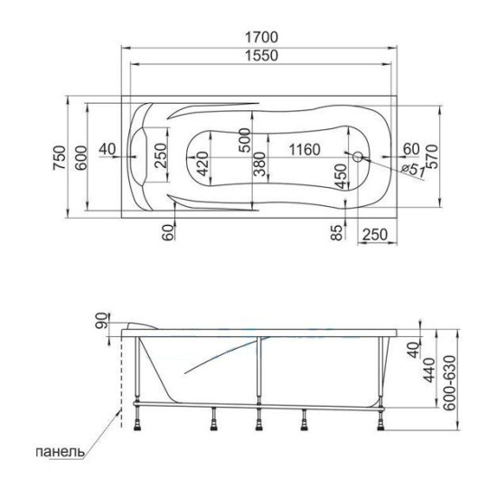 Акриловая ванна 1MarKa Calypso 170 см