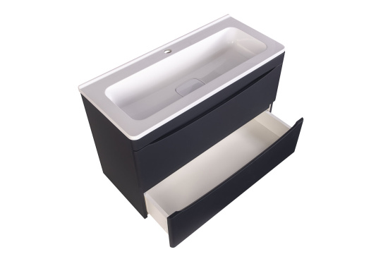 Тумба с раковиной Style Line Бергамо мини 80 2 ящика Люкс антискрейтч черная, Plus подвесная