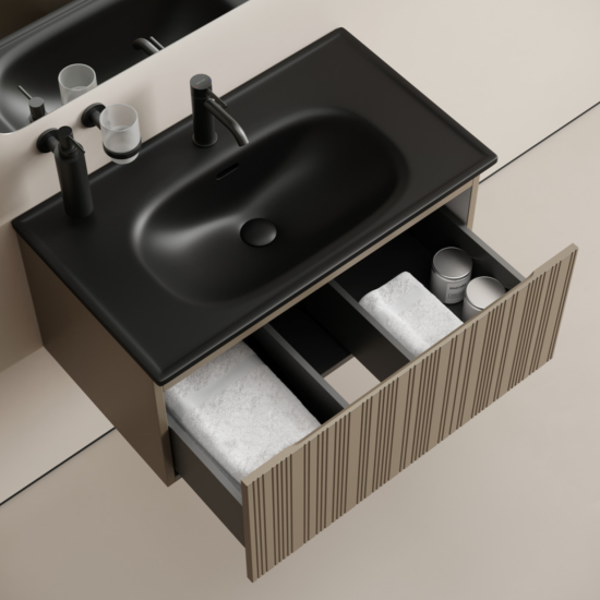 Тумба с раковиной Sancos Code 80 подвесная, серо-бежевая, раковина черная