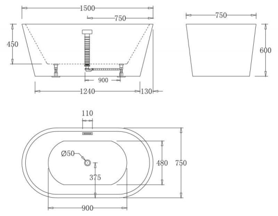 Акриловая ванна Belbagno BB71-1500 150 см