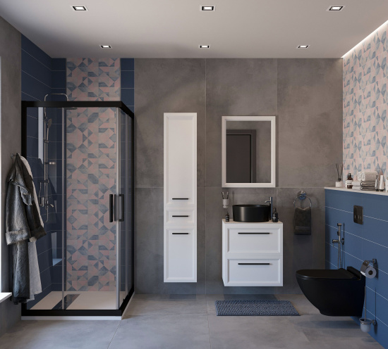 Мебель для ванной Stworki Эстерсунд 60 белая матовая, простоун беж, с раковиной Rotenburg 40 черной