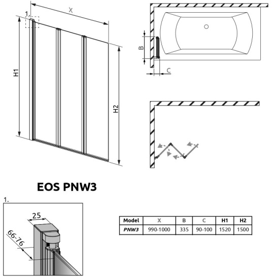 Шторка на ванну Radaway EOS PNW 3 1205301-101