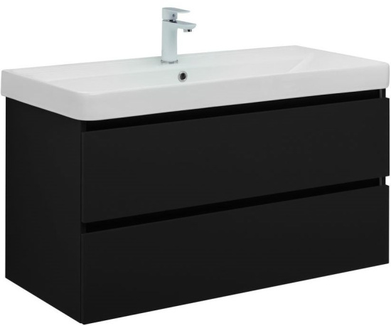 Тумба с раковиной Aquanet Вега 2.0 100 2 ящика, черная, раковина Ирис