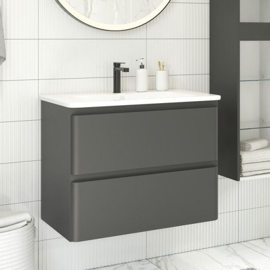 Тумба с раковиной Aquanet Эмбер 105 2 ящика, черная матовая, раковина Urban