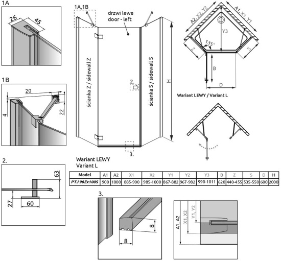 Душевой уголок Radaway Essenza New Black PTJ 90х100 L