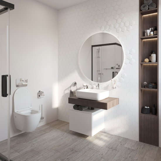 Столешница Stworki Ольборг 80 дуб карпентер, без отверстий, с тумбой 50, с раковиной Stworki Soul 1 белой