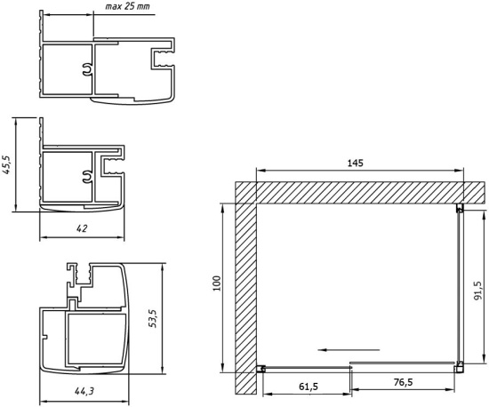 Душевой уголок Vegas Glass ZP+ZPV NOVO 145*100 03 01 профиль золото матовое, стекло прозрачное