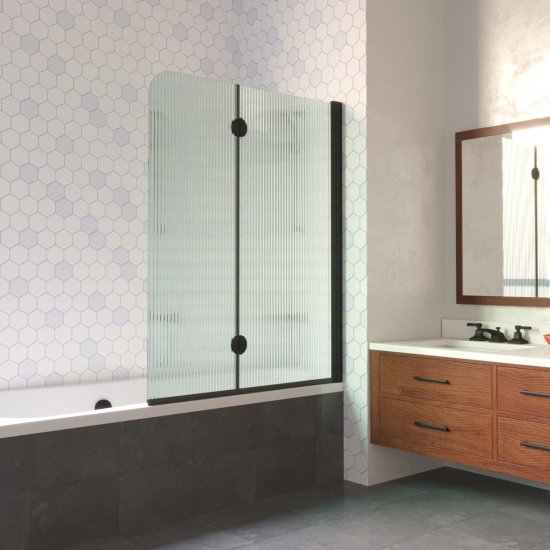 Шторка на ванну Vegas Glass E2V LUX 120 02М Moru R, профиль черный матовый, стекло Moru